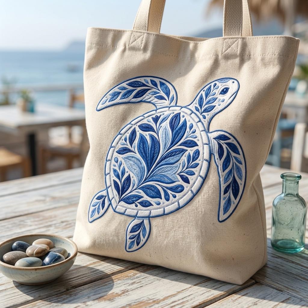 Turtle Embroidery File – Ornate Chinoiserie Sea Turtle, Coastal Ocean Decor, Blue Decorative Stitch Design, 5 sizes, Digital Download - image 6