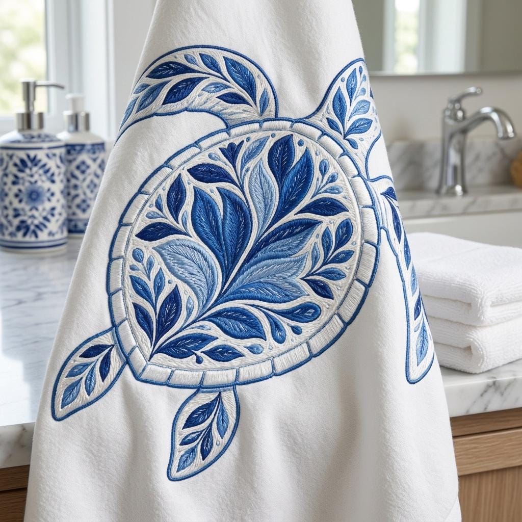 Turtle Embroidery File – Ornate Chinoiserie Sea Turtle, Coastal Ocean Decor, Blue Decorative Stitch Design, 5 sizes, Digital Download - image 7