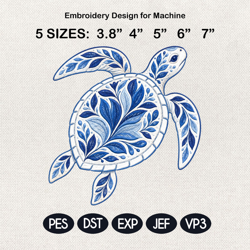Turtle Embroidery File – Ornate Chinoiserie Sea Turtle, Coastal Ocean Decor, Blue Decorative Stitch Design, 5 sizes, Digital Download