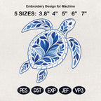 Turtle Embroidery File – Ornate Chinoiserie Sea Turtle, Coastal Ocean Decor, Blue Decorative Stitch Design, 5 sizes, Digital Download