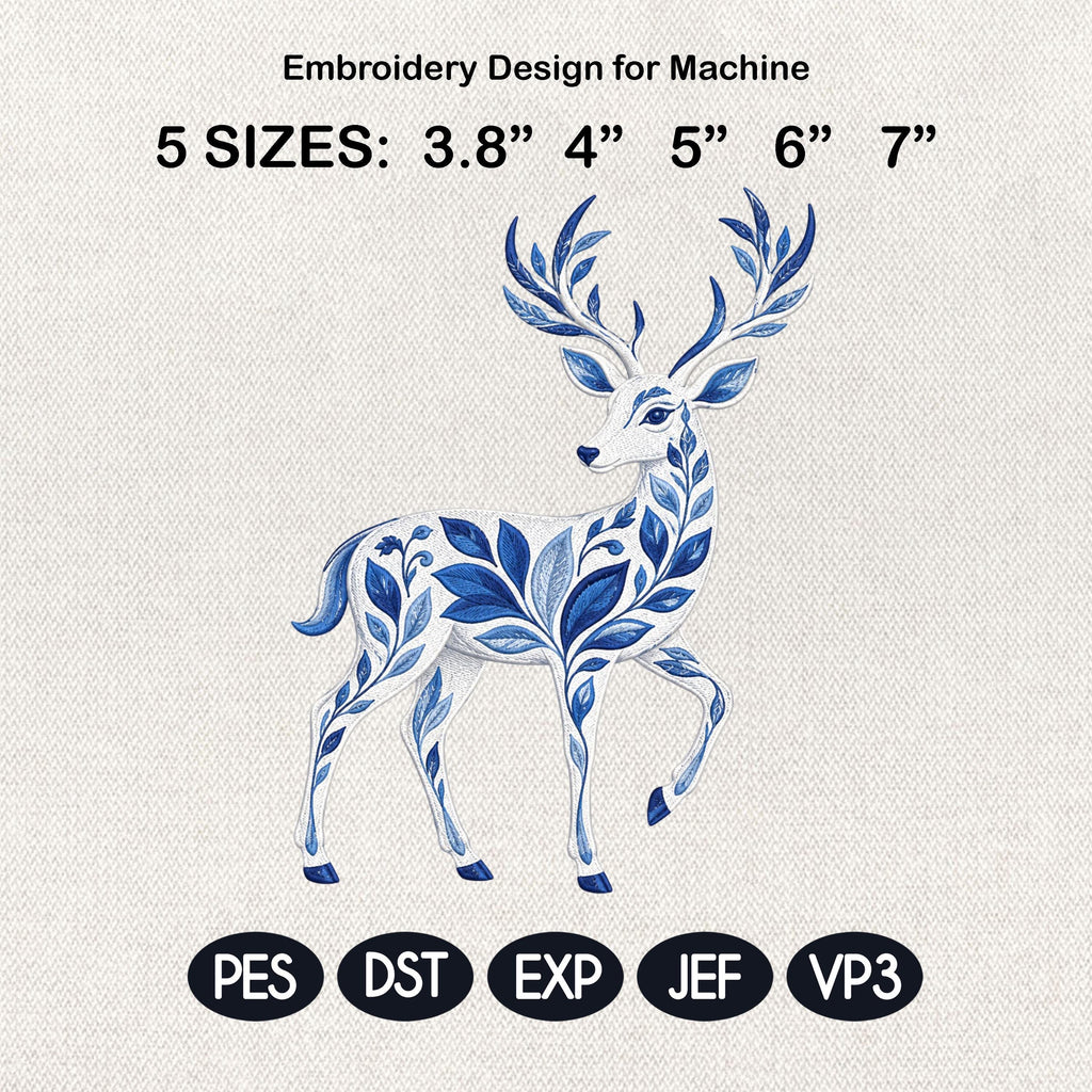 Chinoiserie Reindeer Embroidery File, Elegant Winter Deer Design, Woodland Animal Stitch, Holiday Pattern, 5 sizes, Digital Download