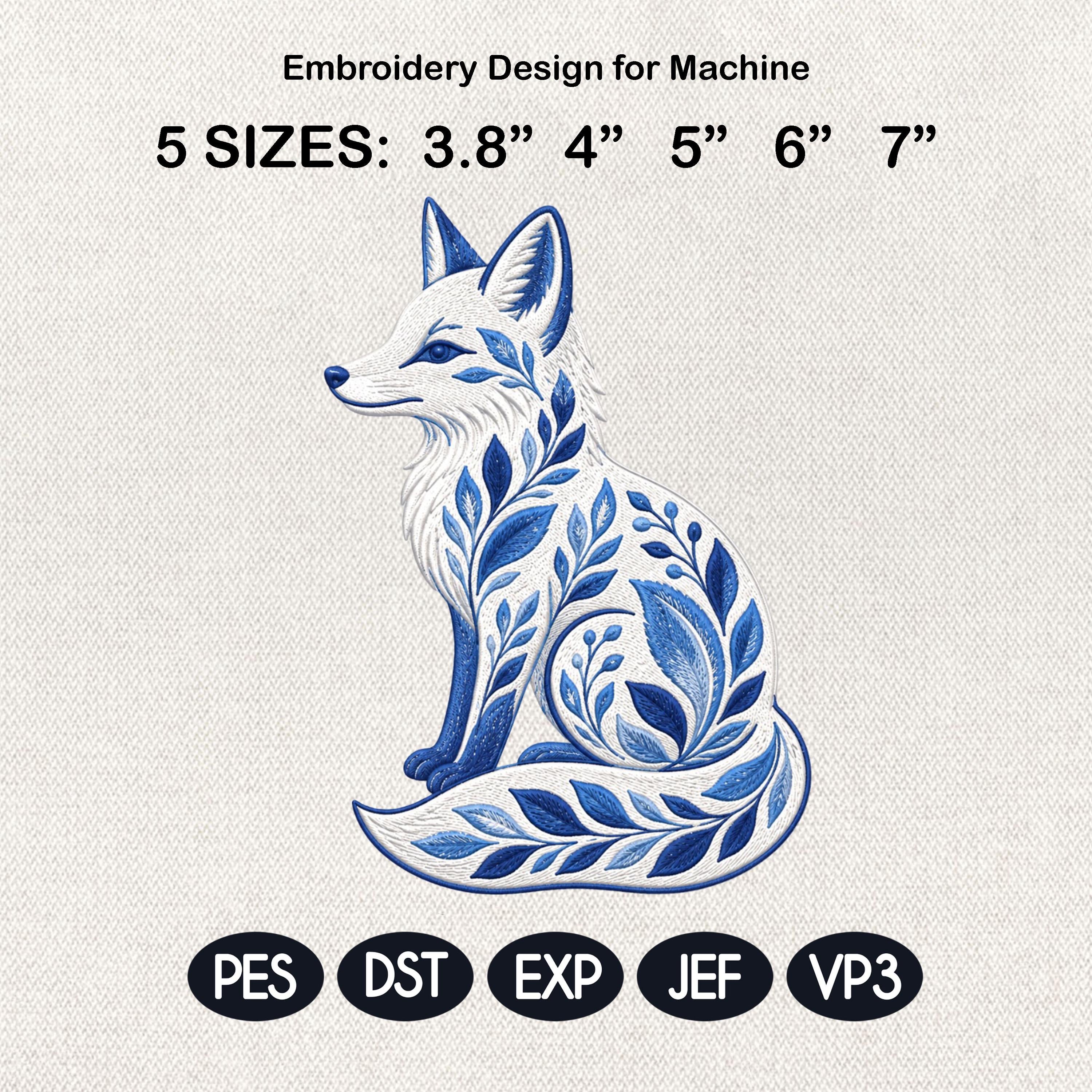 Chinoiserie Woodland Fox Embroidery Design, Forest Animal Embroidery File, Nature-Inspired Decorative Stitch Art, 5 sizes, Digital Download