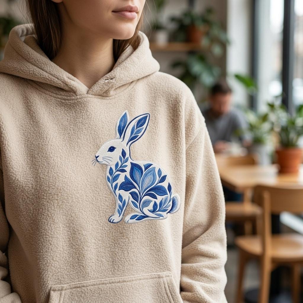Chinoiserie Bunny Embroidery Design, Blue Decorative Rabbit File, Ornate Floral Rabbit, Coastal Nursery Pattern, 5 sizes, Digital Download - image 3