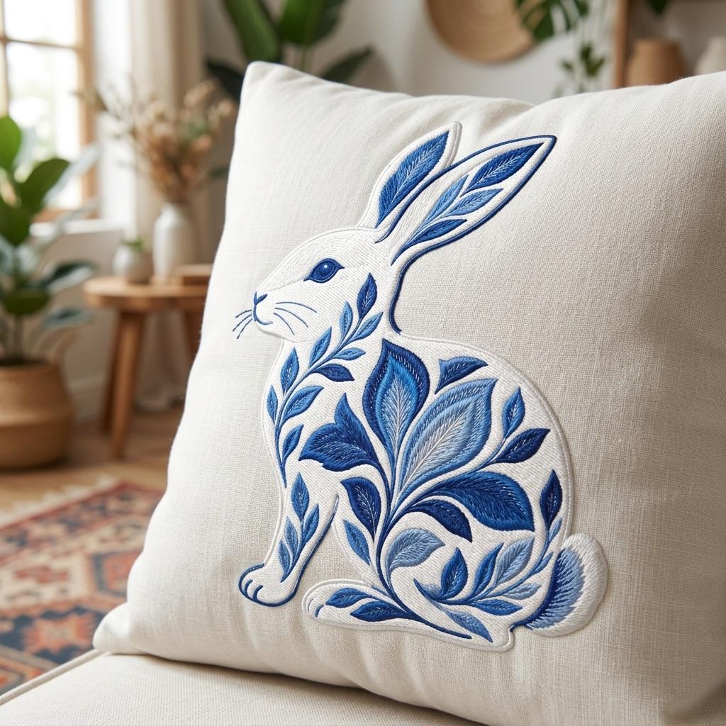 Chinoiserie Bunny Embroidery Design, Blue Decorative Rabbit File, Ornate Floral Rabbit, Coastal Nursery Pattern, 5 sizes, Digital Download - image 5