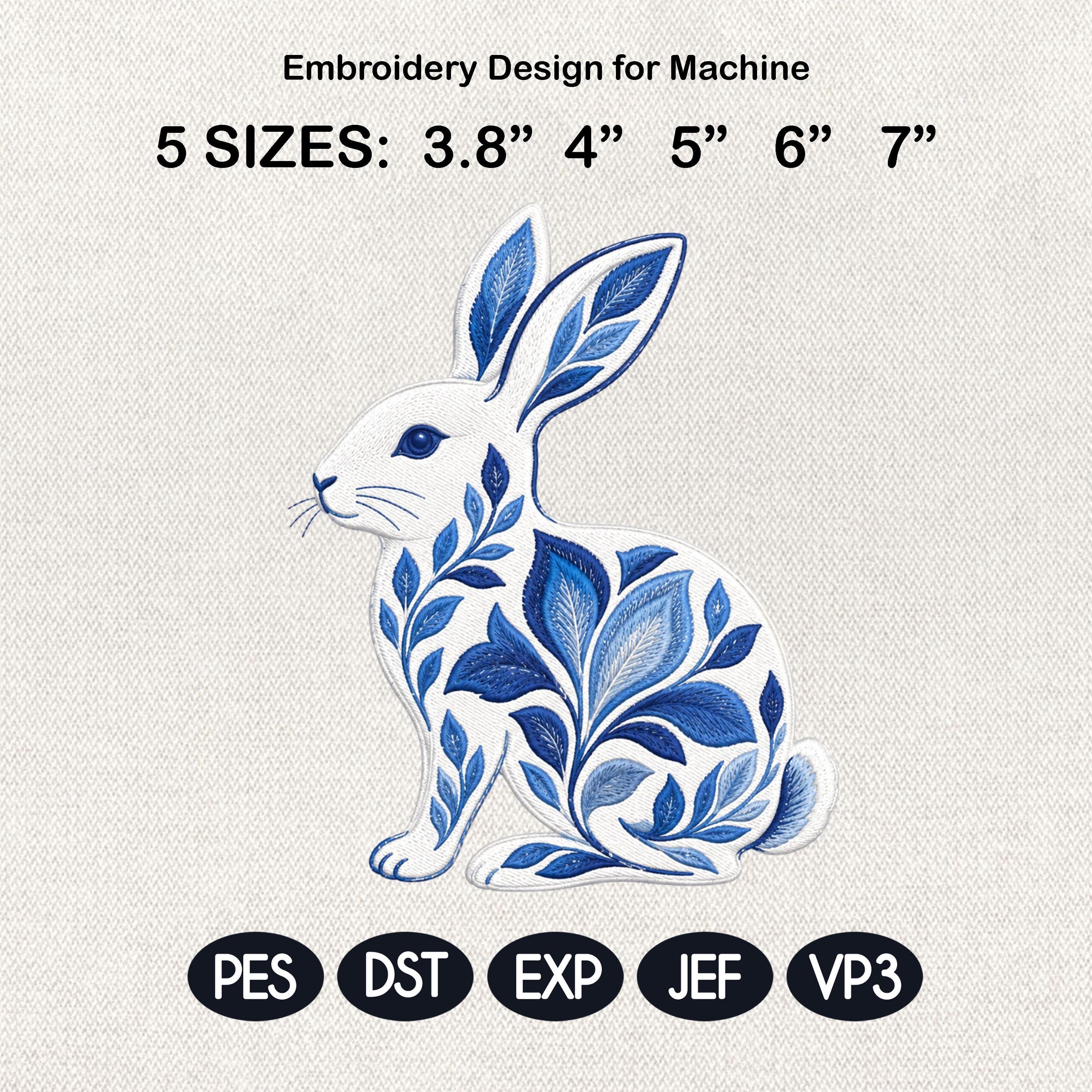 Chinoiserie Bunny Embroidery Design, Blue Decorative Rabbit File, Ornate Floral Rabbit, Coastal Nursery Pattern, 5 sizes, Digital Download