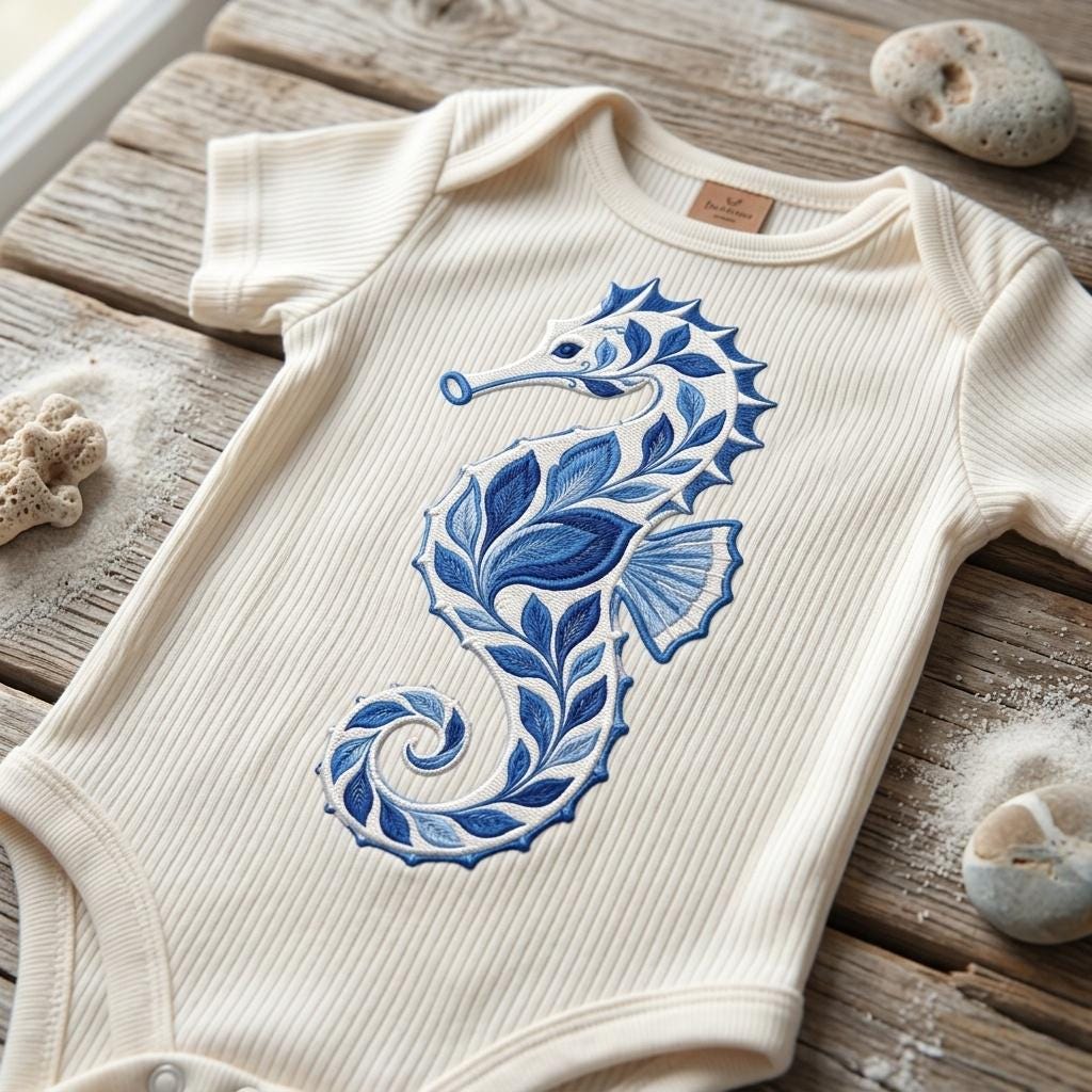 Chinoiserie Seahorse Embroidery File, Ornate Blue Seahorse Machine Embroidery, Coastal Ocean Decorative Stitch, 5 sizes, Digital Download - image 3