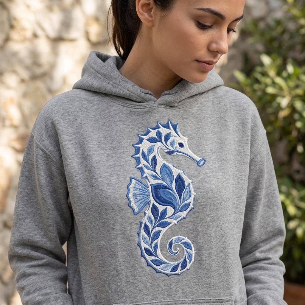 Chinoiserie Seahorse Embroidery File, Ornate Blue Seahorse Machine Embroidery, Coastal Ocean Decorative Stitch, 5 sizes, Digital Download - image 7