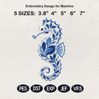 Chinoiserie Seahorse Embroidery File, Ornate Blue Seahorse Machine Embroidery, Coastal Ocean Decorative Stitch, 5 sizes, Digital Download