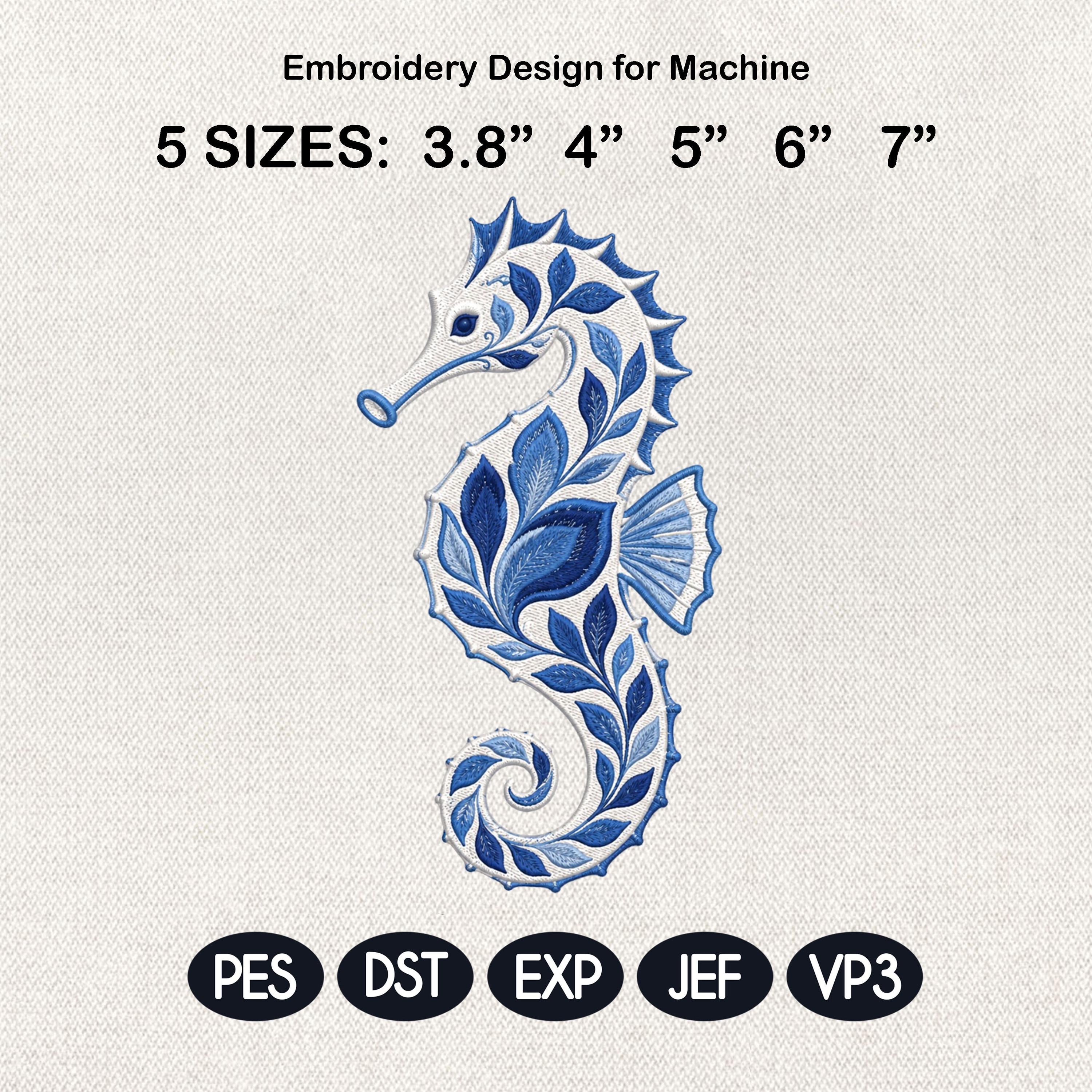 Chinoiserie Seahorse Embroidery File, Ornate Blue Seahorse Machine Embroidery, Coastal Ocean Decorative Stitch, 5 sizes, Digital Download