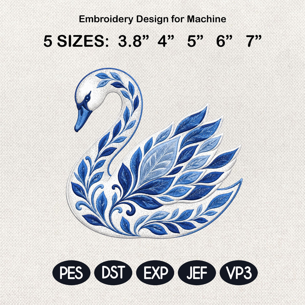 Chinoiserie Swan Embroidery File, Ornate Blue Swan Machine Embroidery, Elegant Decorative Bird Stitch, 5 sizes, Digital Download
