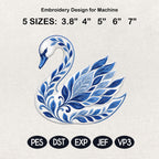 Chinoiserie Swan Embroidery File, Ornate Blue Swan Machine Embroidery, Elegant Decorative Bird Stitch, 5 sizes, Digital Download