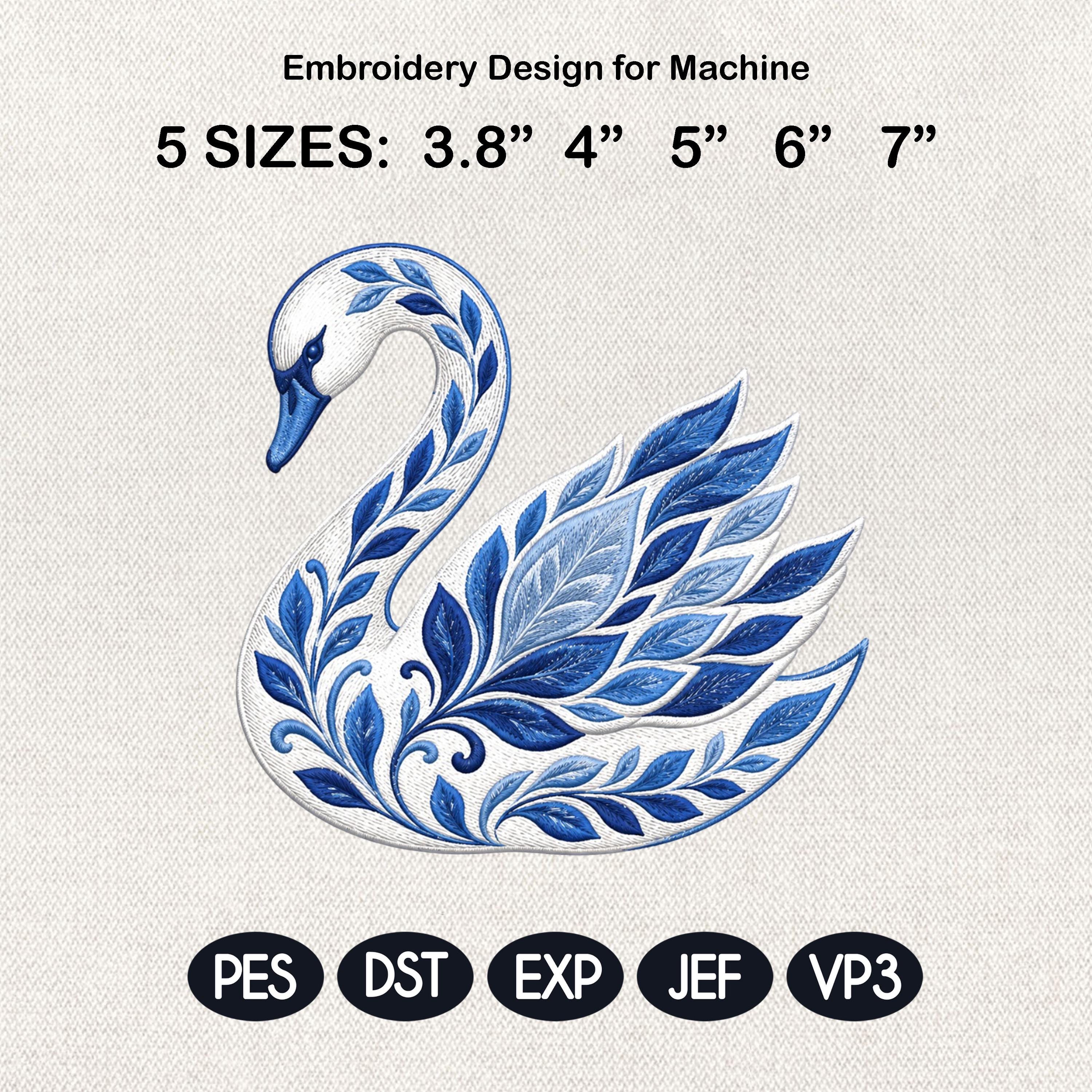 Chinoiserie Swan Embroidery File, Ornate Blue Swan Machine Embroidery, Elegant Decorative Bird Stitch, 5 sizes, Digital Download