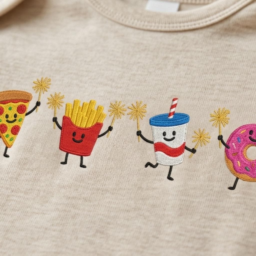 Summer Treat Embroidery Design, Pizza Fries Soda, Funny Cute Food, Patriotic Holiday Embroidery File, 5 sizes, Digital Download - image 3
