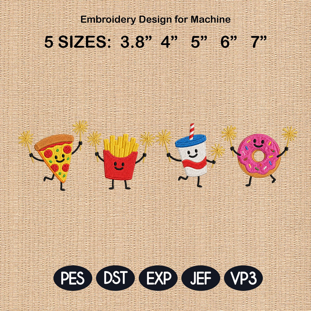 Summer Treat Embroidery Design, Pizza Fries Soda, Funny Cute Food, Patriotic Holiday Embroidery File, 5 sizes, Digital Download