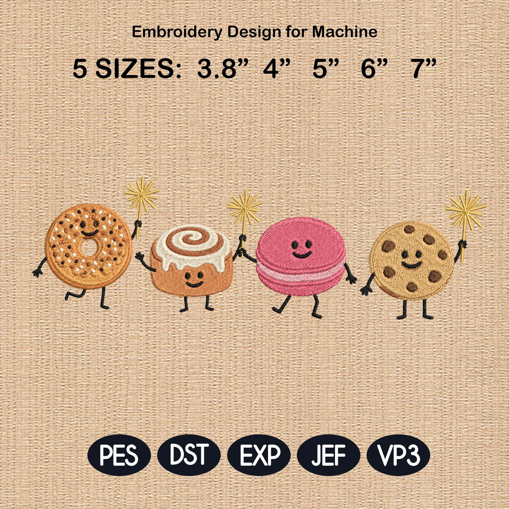 Funny Cute Summer Dessert Embroidery Design, Donut Cinnamon Roll Macaron Cookie, Funny Food Machine Embroidery, 5 sizes, Digital Download