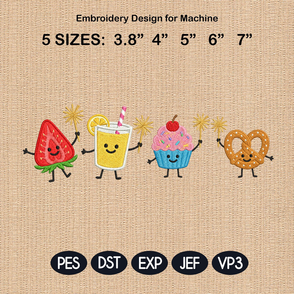 Funny Patriotic Summer Food Embroidery, Strawberry Lemonade Cupcake Pretzel, Cute BBQ Machine Embroidery Design, 5 sizes, Digital Download