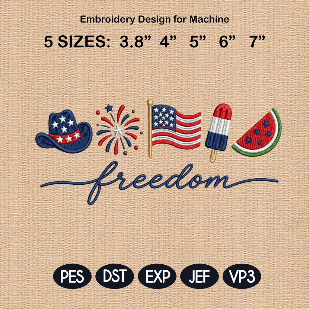 Freedom American Icons Embroidery Design, 4th of July USA Flag Popsicle Hotdog, Machine Embroidery, 5 sizes, Digital Download