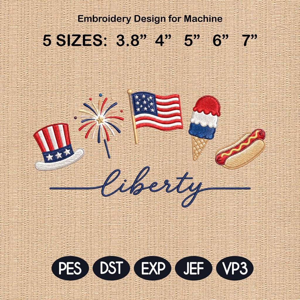 Liberty Fireworks USA Flag Ice Cream Hot Dog Embroidery File, 4th July Independence Day Patriotic Machine Design, 5 sizes, Digital Download