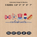 Celebrate America Stars Hat Bow Popsicle Hot Dog Embroidery File, Patriotic 4th July Independence Day USA Icons, 5 sizes, Digital Download