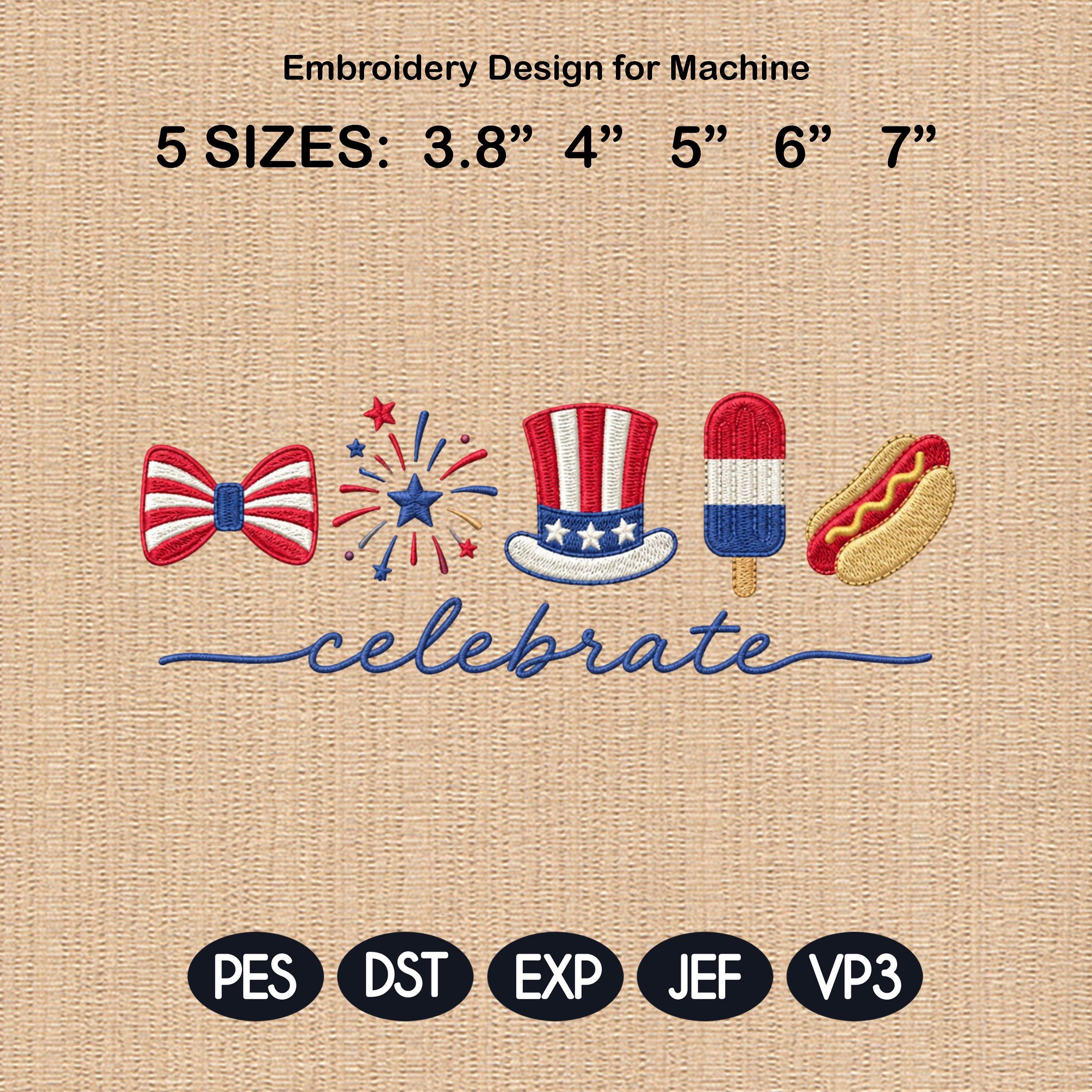 Celebrate America Stars Hat Bow Popsicle Hot Dog Embroidery File, Patriotic 4th July Independence Day USA Icons, 5 sizes, Digital Download