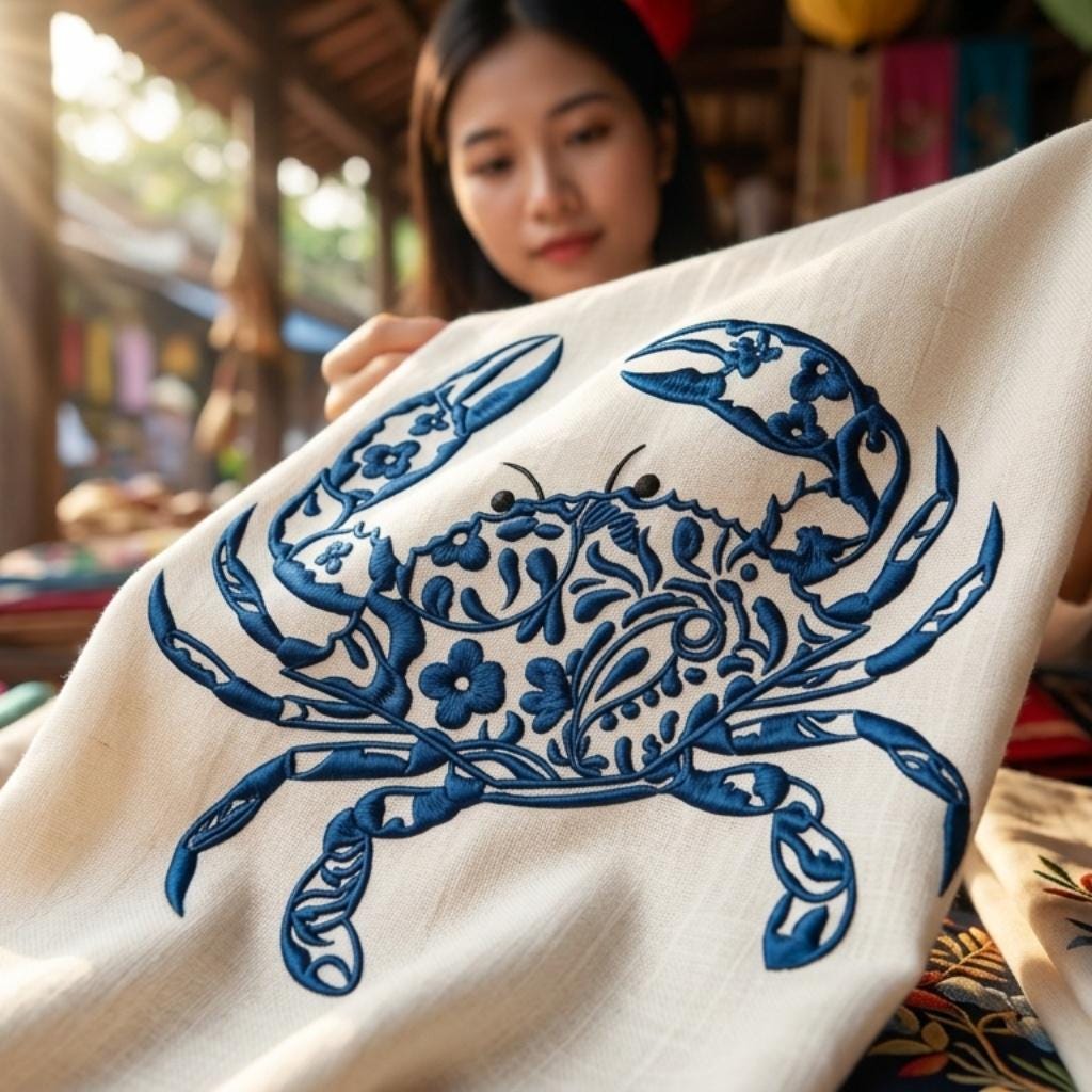 Chinoiserie Crab Embroidery Design, Blue Floral Crab Stitch, Nautical Coastal, Marine Animal Machine Embroidery, 5 sizes, Digital Download - image 7