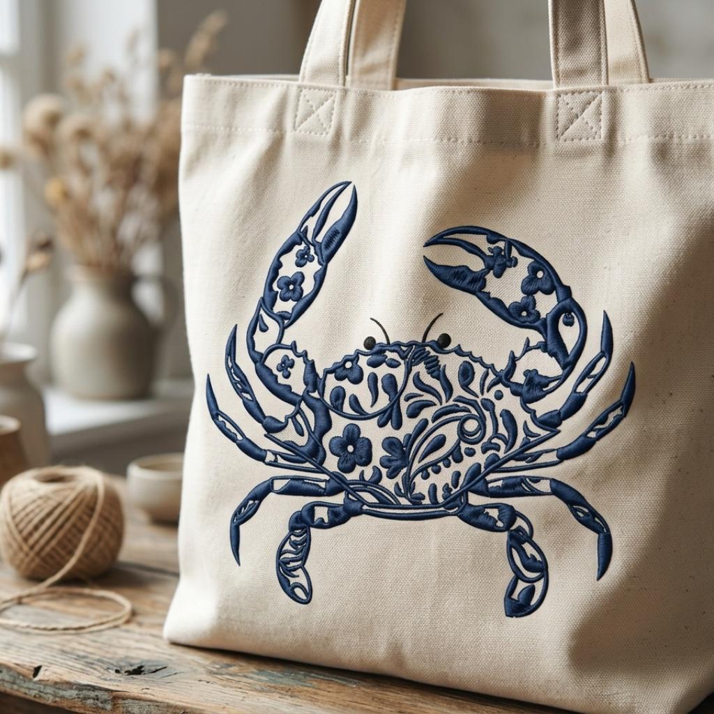 Chinoiserie Crab Embroidery Design, Blue Floral Crab Stitch, Nautical Coastal, Marine Animal Machine Embroidery, 5 sizes, Digital Download - image 3