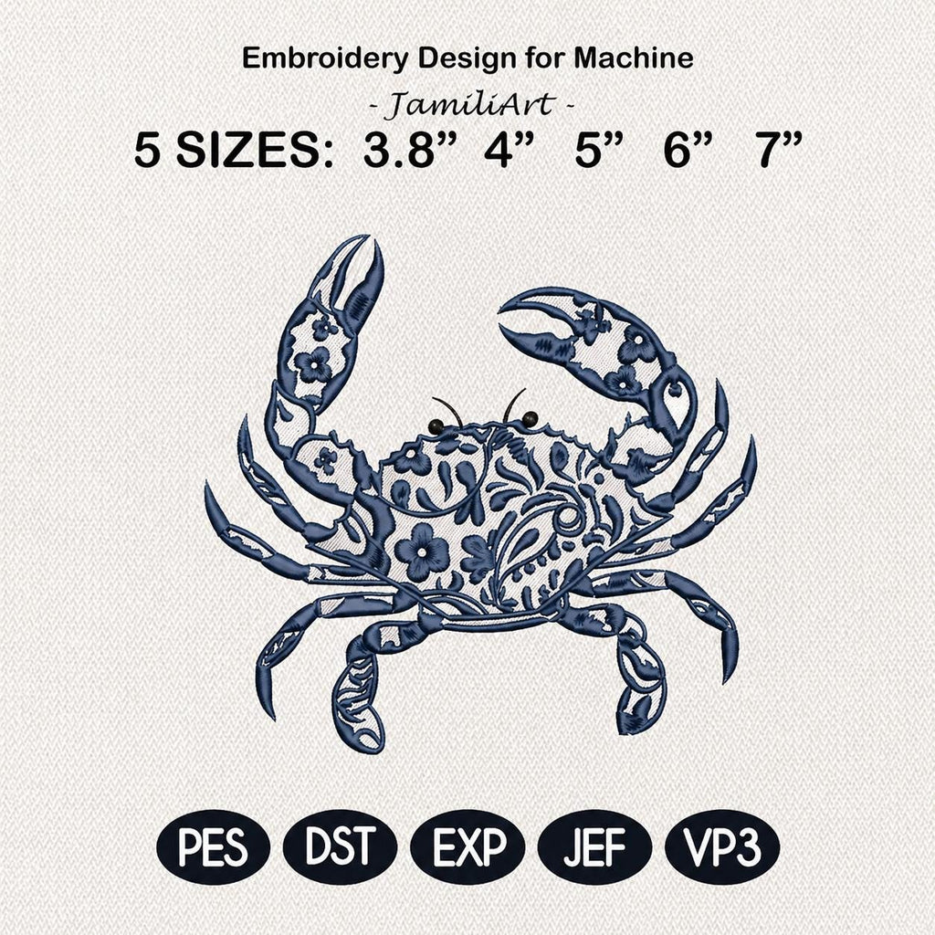 Chinoiserie Crab Embroidery Design, Blue Floral Crab Stitch, Nautical Coastal, Marine Animal Machine Embroidery, 5 sizes, Digital Download