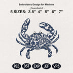 Chinoiserie Crab Embroidery Design, Blue Floral Crab Stitch, Nautical Coastal, Marine Animal Machine Embroidery, 5 sizes, Digital Download