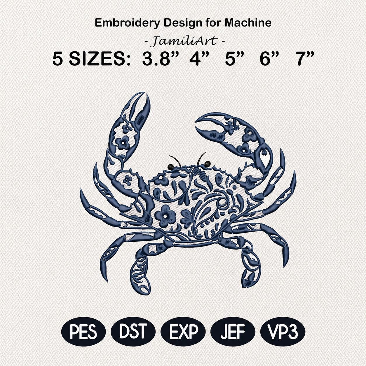 Chinoiserie Crab Embroidery Design, Blue Floral Crab Stitch, Nautical Coastal, Marine Animal Machine Embroidery, 5 sizes, Digital Download