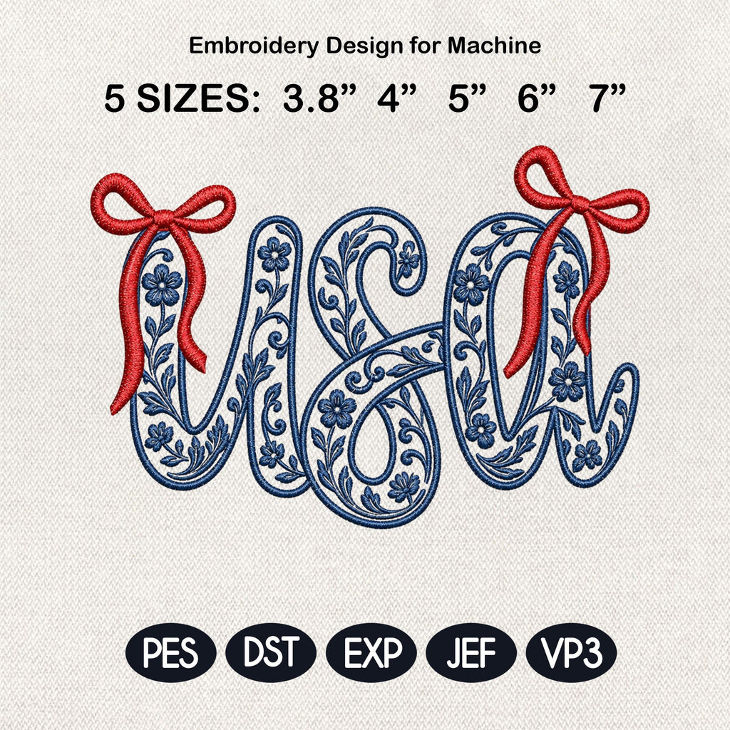 USA Chinoiserie Embroidery Design, Patriotic Bow USA, Blue and White Floral Americana Embroidery, Fourth of July, 5 Sizes, Digital Download