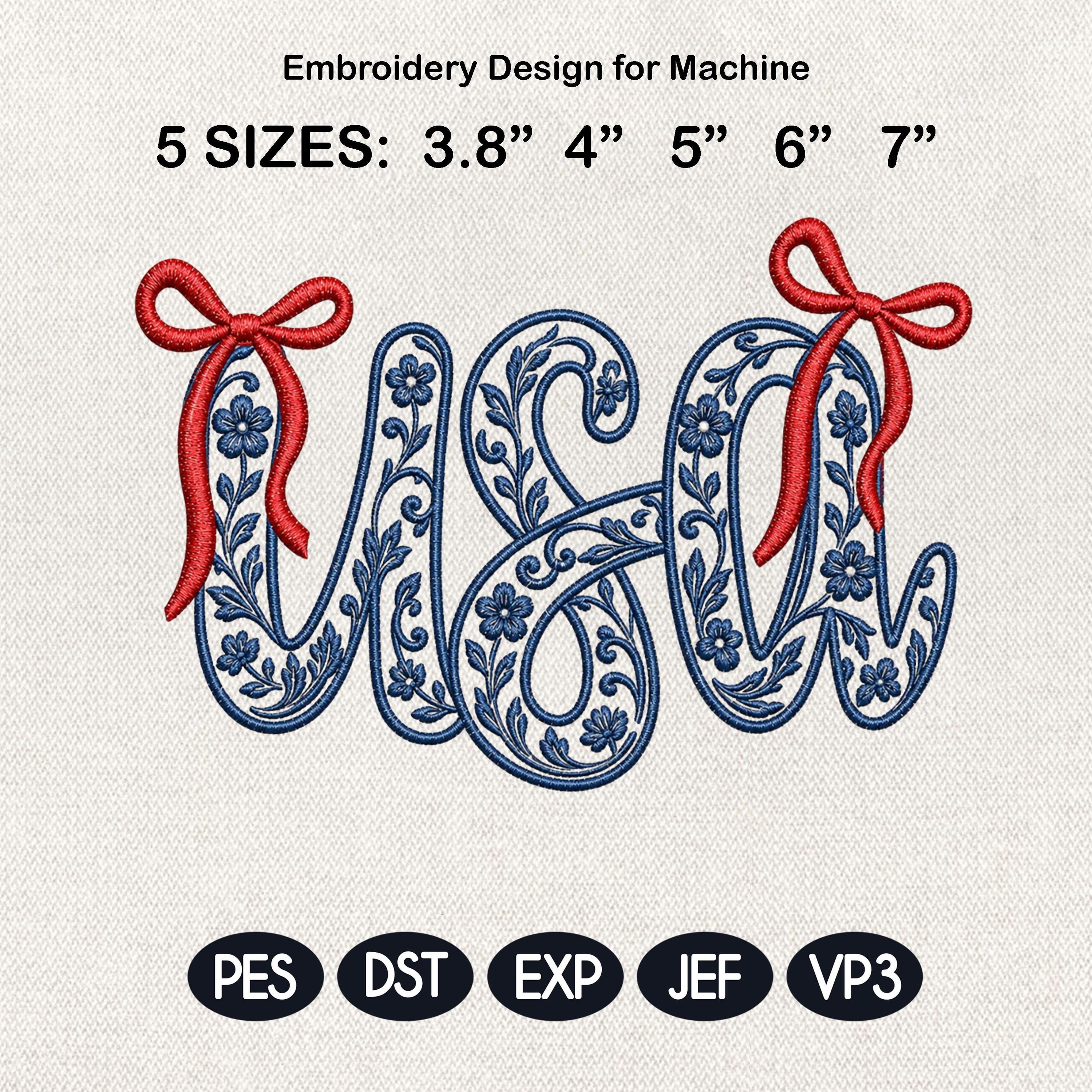 USA Chinoiserie Embroidery Design, Patriotic Bow USA, Blue and White Floral Americana Embroidery, Fourth of July, 5 Sizes, Digital Download