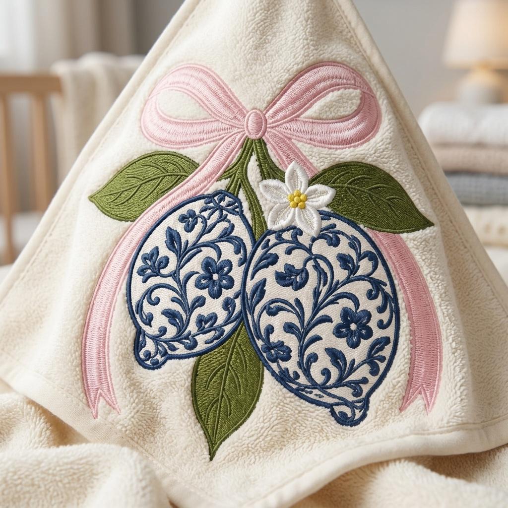 Chinoiserie Lemon Embroidery Design, Blue White Floral Lemons with Pink Bow, Citrus Fruit, Spring Summer, 5 Sizes, Digital Download - image 6