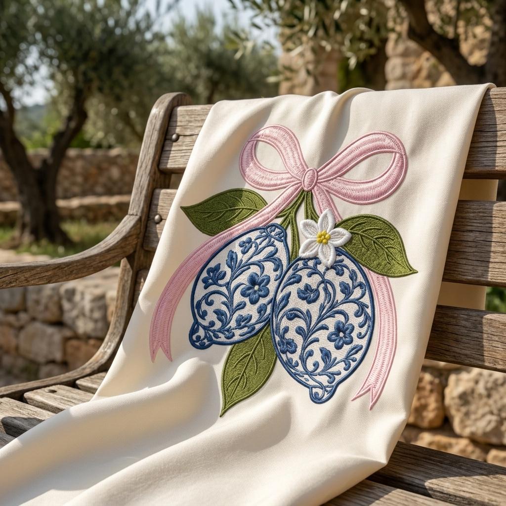 Chinoiserie Lemon Embroidery Design, Blue White Floral Lemons with Pink Bow, Citrus Fruit, Spring Summer, 5 Sizes, Digital Download - image 7