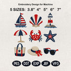 Patriotic Coastal Embroidery Design Bundle, 4th of July Beach Machine Embroidery, Nautical Summer Embroidery Icon, 5 Sizes, Digital Download
