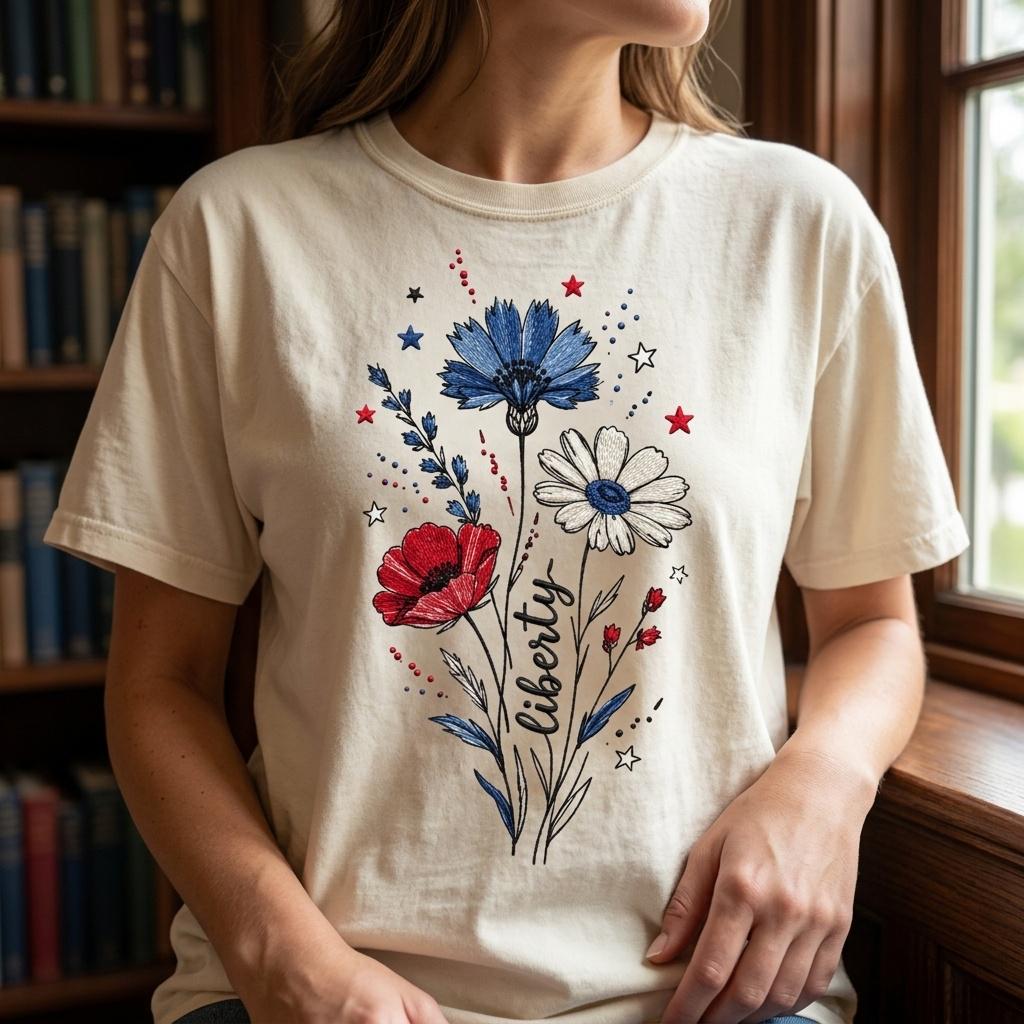 Liberty Wildflower Embroidery Design, Patriotic Floral Sketch Embroidery File, USA Independence Day Flower Art, 5 Sizes, Digital Download - image 3