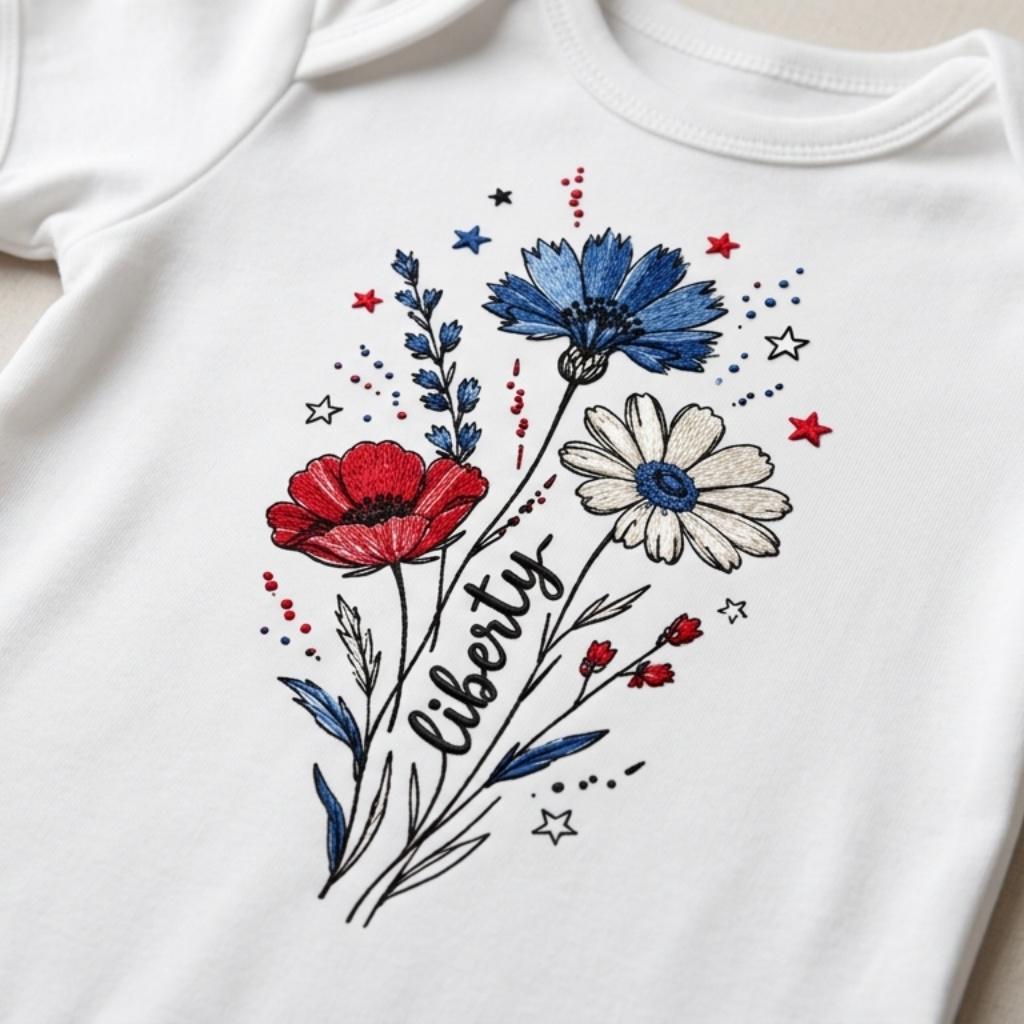 Liberty Wildflower Embroidery Design, Patriotic Floral Sketch Embroidery File, USA Independence Day Flower Art, 5 Sizes, Digital Download - image 4