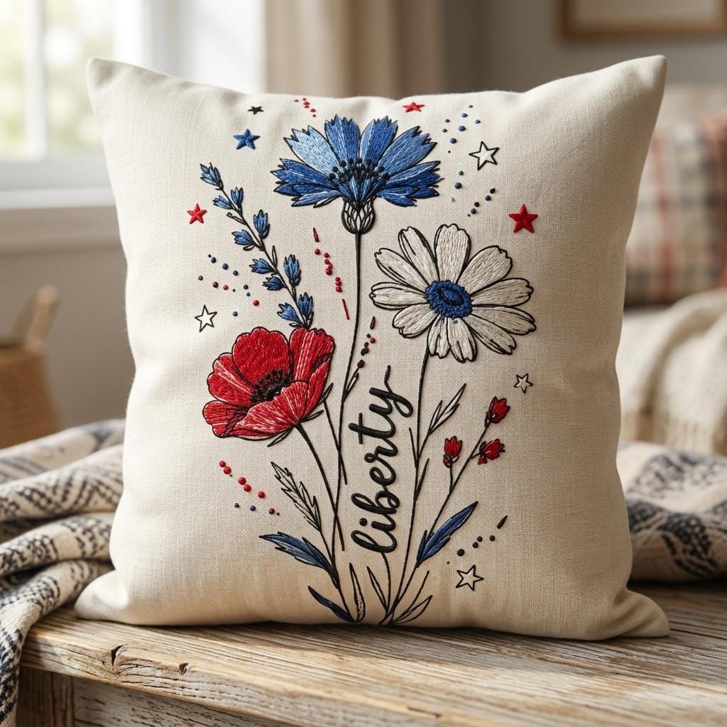 Liberty Wildflower Embroidery Design, Patriotic Floral Sketch Embroidery File, USA Independence Day Flower Art, 5 Sizes, Digital Download - image 5