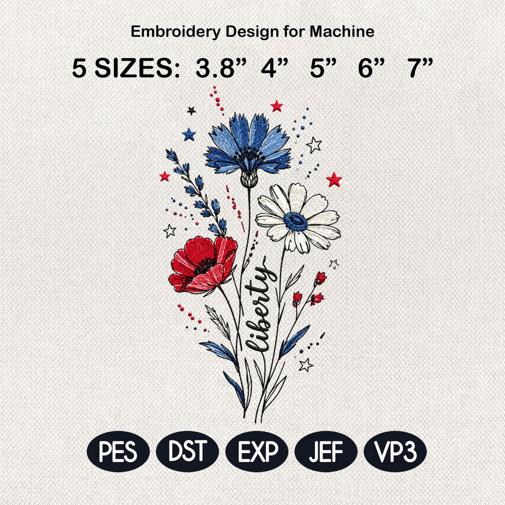 Liberty Wildflower Embroidery Design, Patriotic Floral Sketch Embroidery File, USA Independence Day Flower Art, 5 Sizes, Digital Download