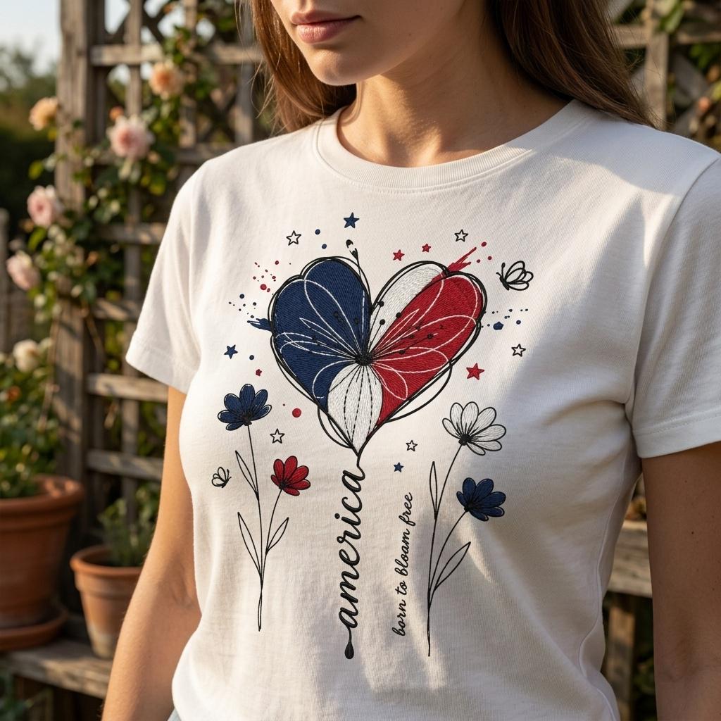 America Heart Flower Embroidery Design, Patriotic Floral Heart Embroidery File, USA Independence Day Sketch Art, 5 Sizes, Digital Download - image 3