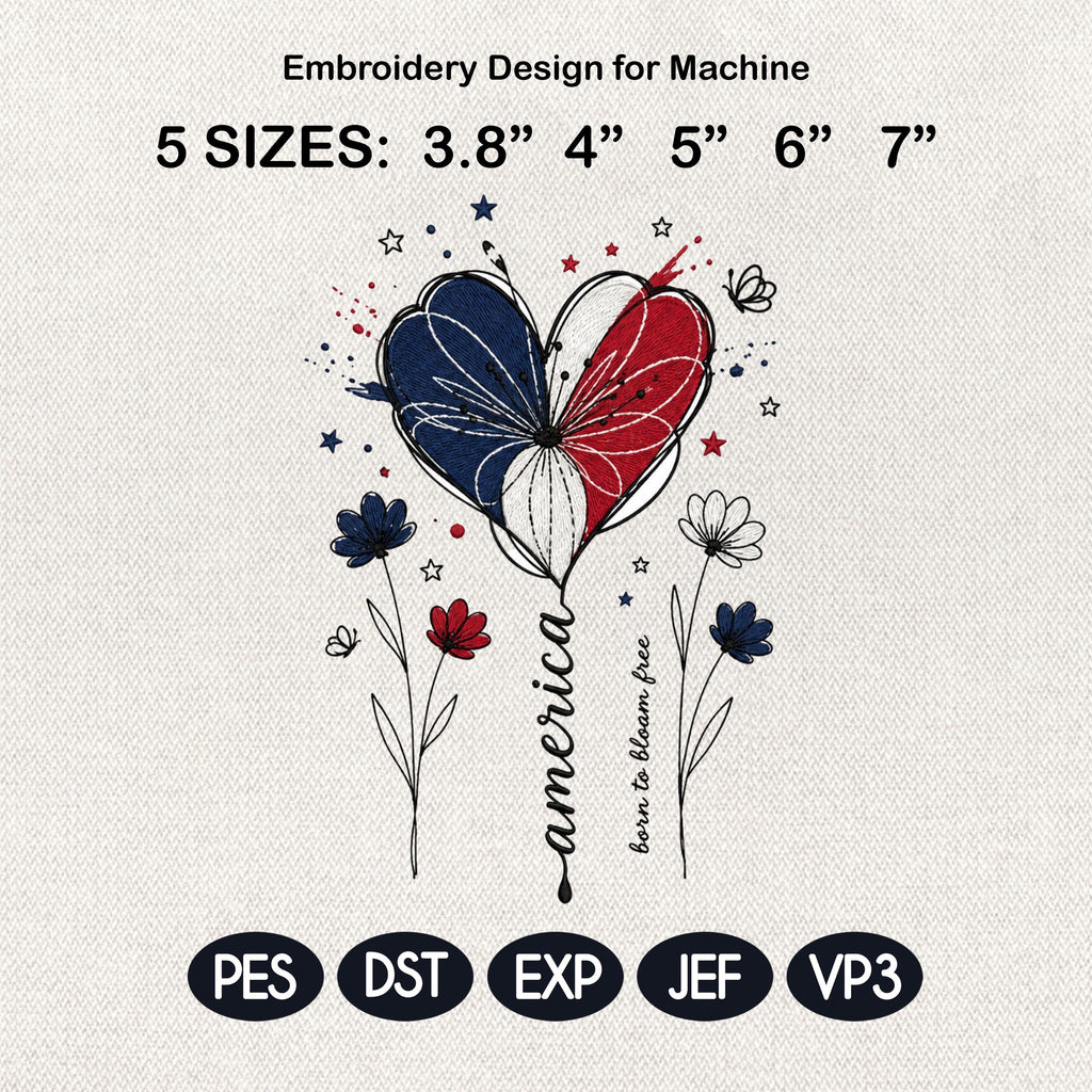 America Heart Flower Embroidery Design, Patriotic Floral Heart Embroidery File, USA Independence Day Sketch Art, 5 Sizes, Digital Download