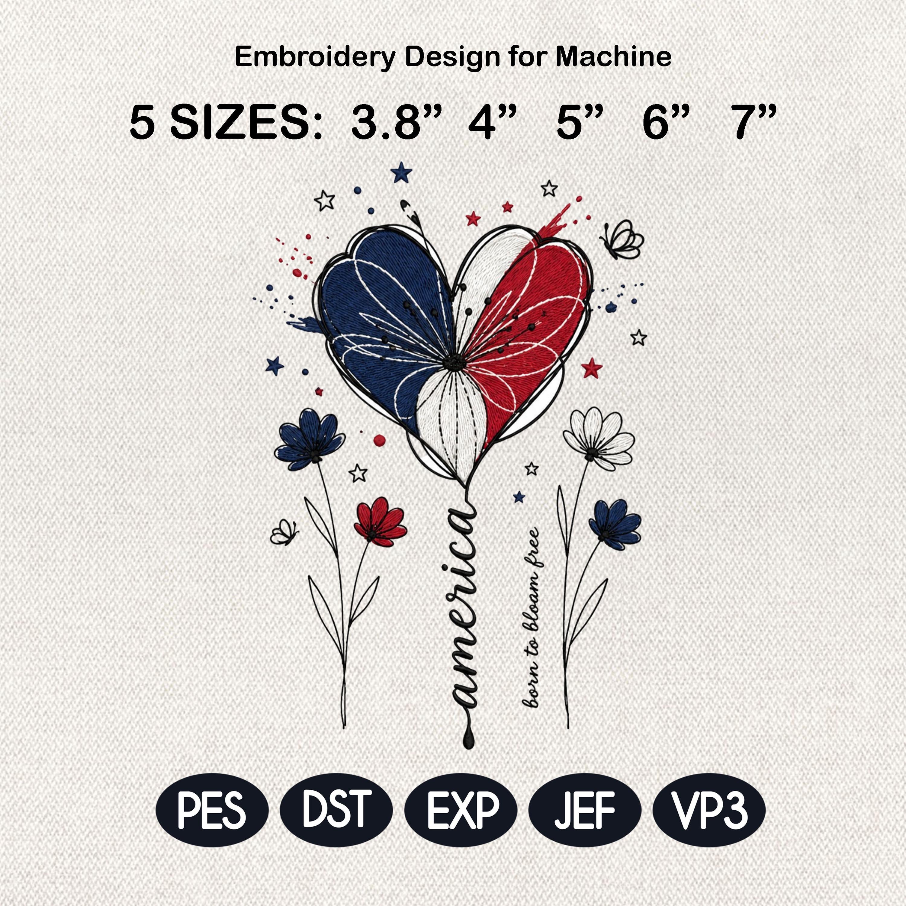 America Heart Flower Embroidery Design, Patriotic Floral Heart Embroidery File, USA Independence Day Sketch Art, 5 Sizes, Digital Download