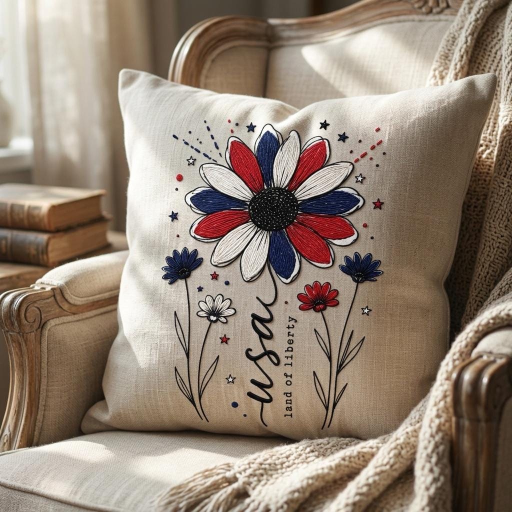 USA Daisy Flower Embroidery Design, Patriotic Floral Sketch Embroidery File, American Independence Day Flower Art, 5 Sizes, Digital Download - image 4