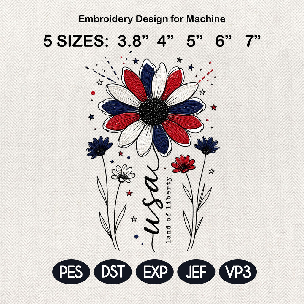 USA Daisy Flower Embroidery Design, Patriotic Floral Sketch Embroidery File, American Independence Day Flower Art, 5 Sizes, Digital Download