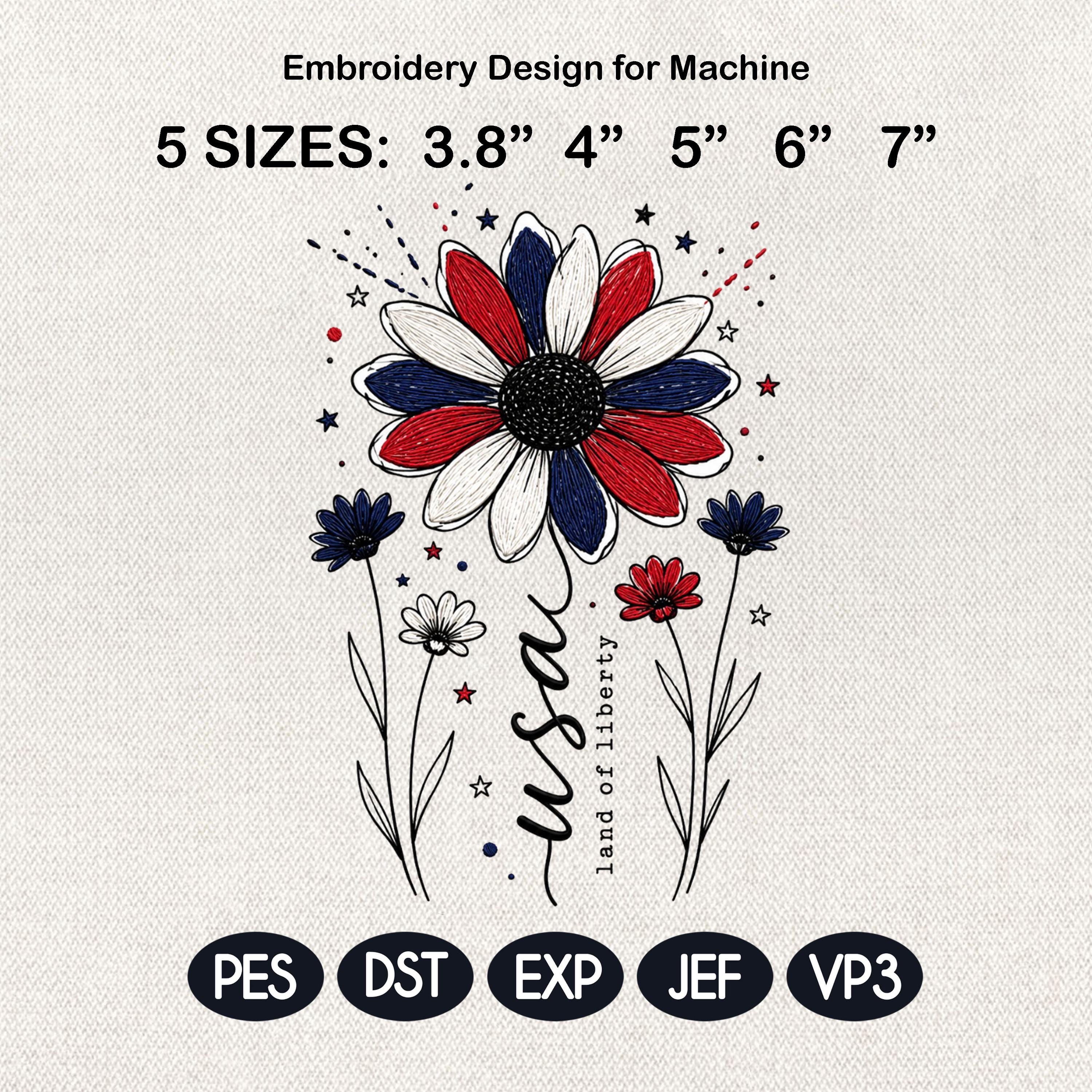 USA Daisy Flower Embroidery Design, Patriotic Floral Sketch Embroidery File, American Independence Day Flower Art, 5 Sizes, Digital Download