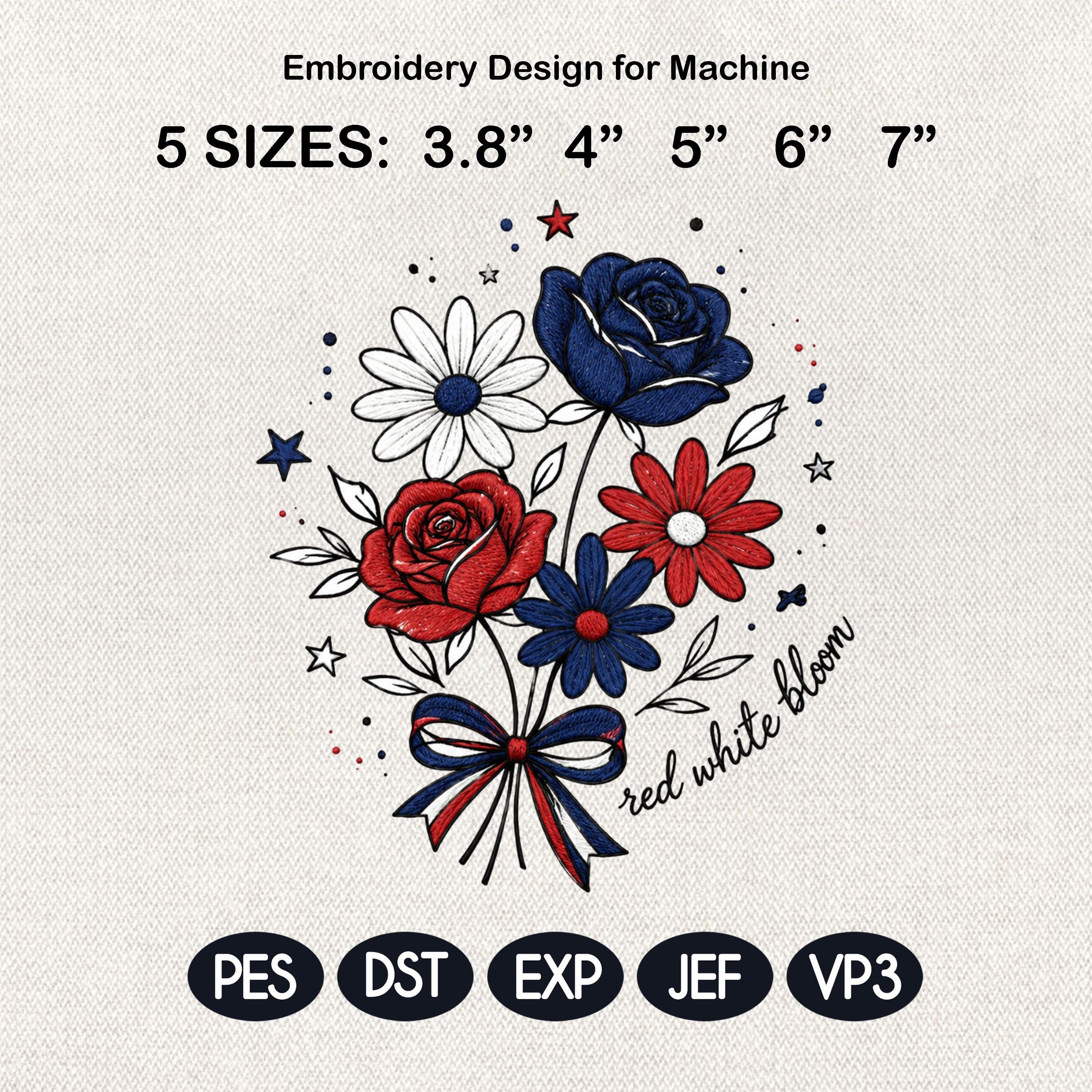 Red White Bloom Embroidery Design, Patriotic Floral Bouquet Embroidery File, USA Independence Day Flower Art, 5 Sizes, Digital Download