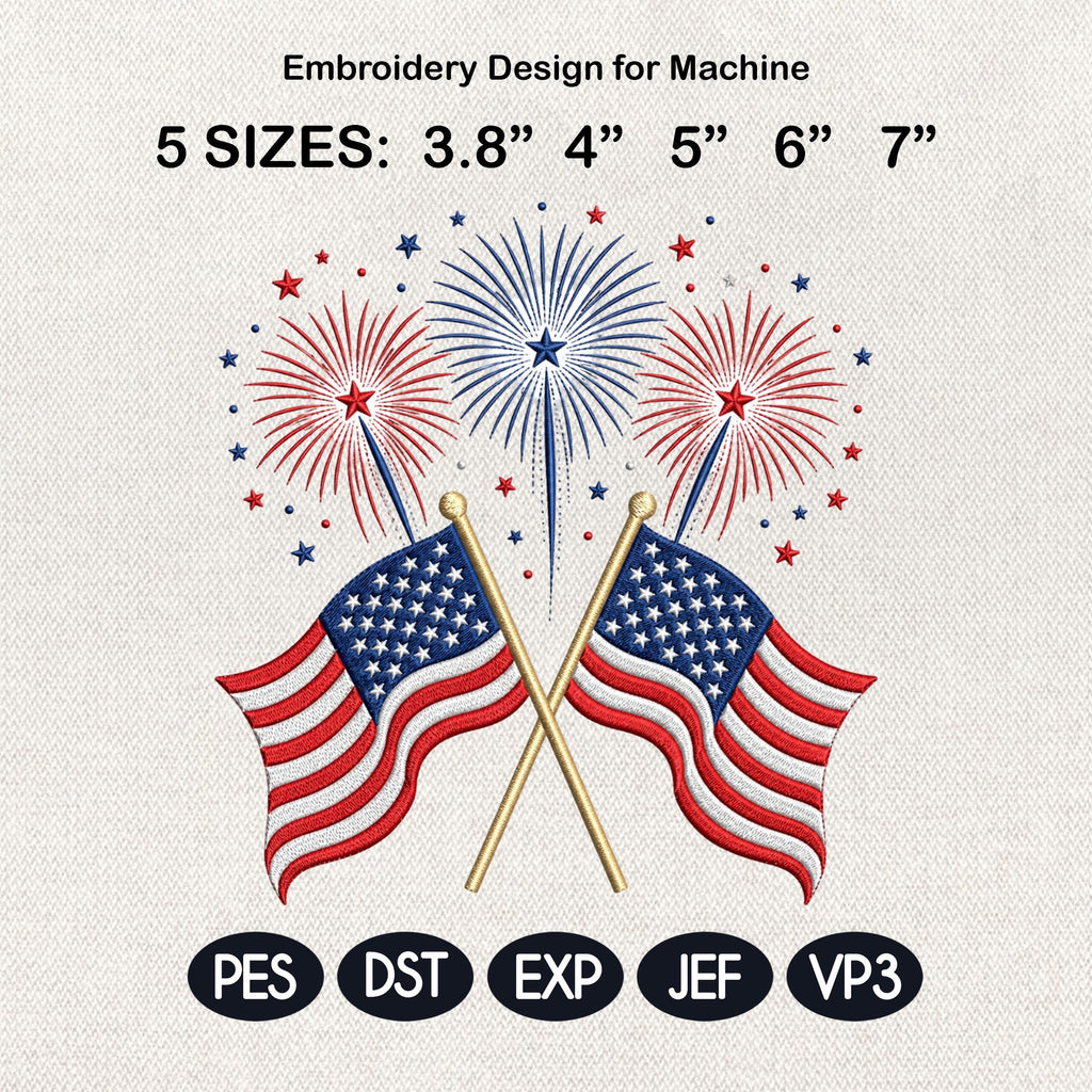 Crossed American Flags Embroidery Design, Patriotic Fireworks File, USA Independence Day Pattern, 4th Of July, 5 Sizes, Digital Download