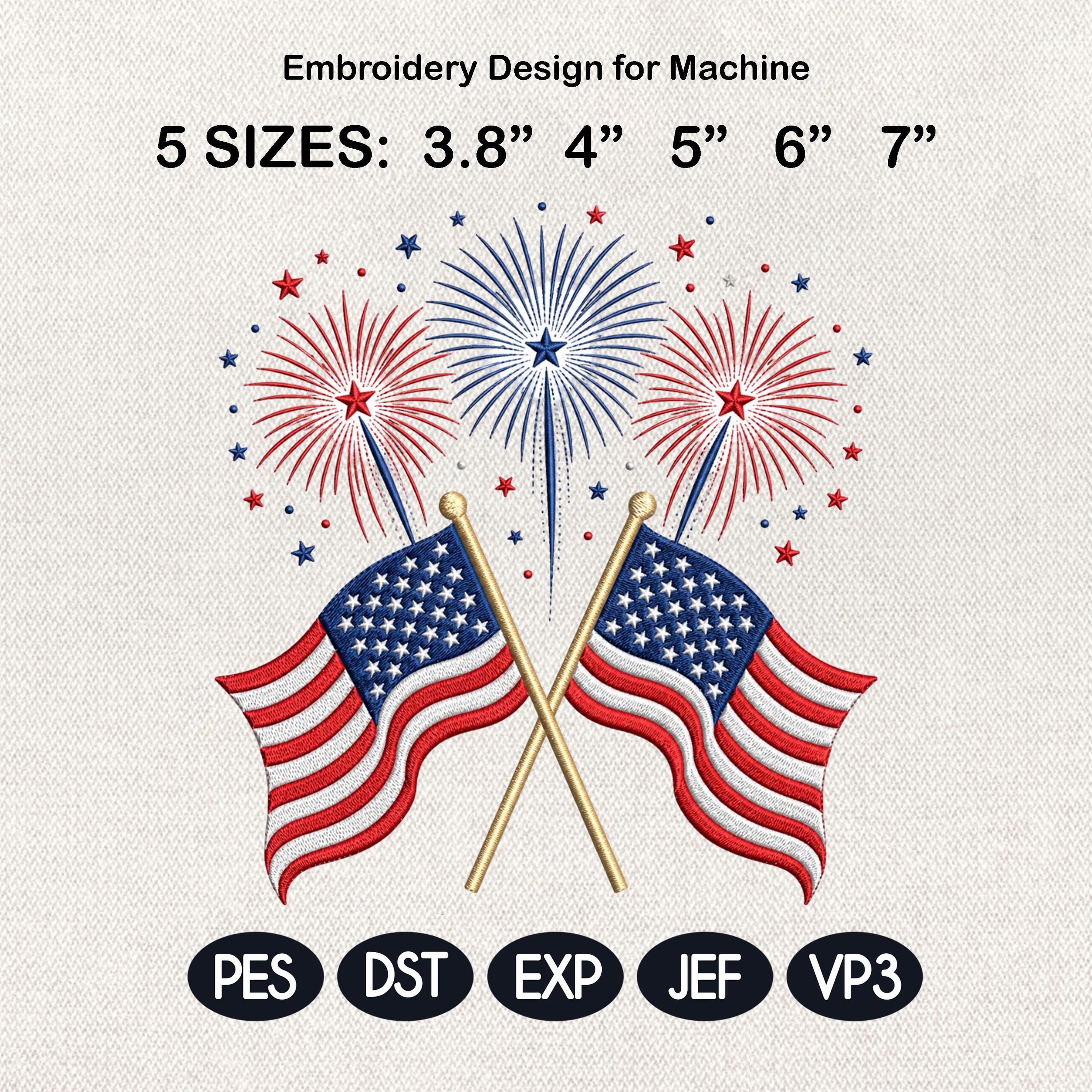 Crossed American Flags Embroidery Design, Patriotic Fireworks File, USA Independence Day Pattern, 4th Of July, 5 Sizes, Digital Download