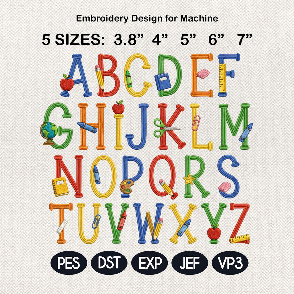 School Alphabet Embroidery Font, Teacher Classroom Letter Set, Back To School Embroidery Letters, Name ABC Font, 5 sizes, Digital Download