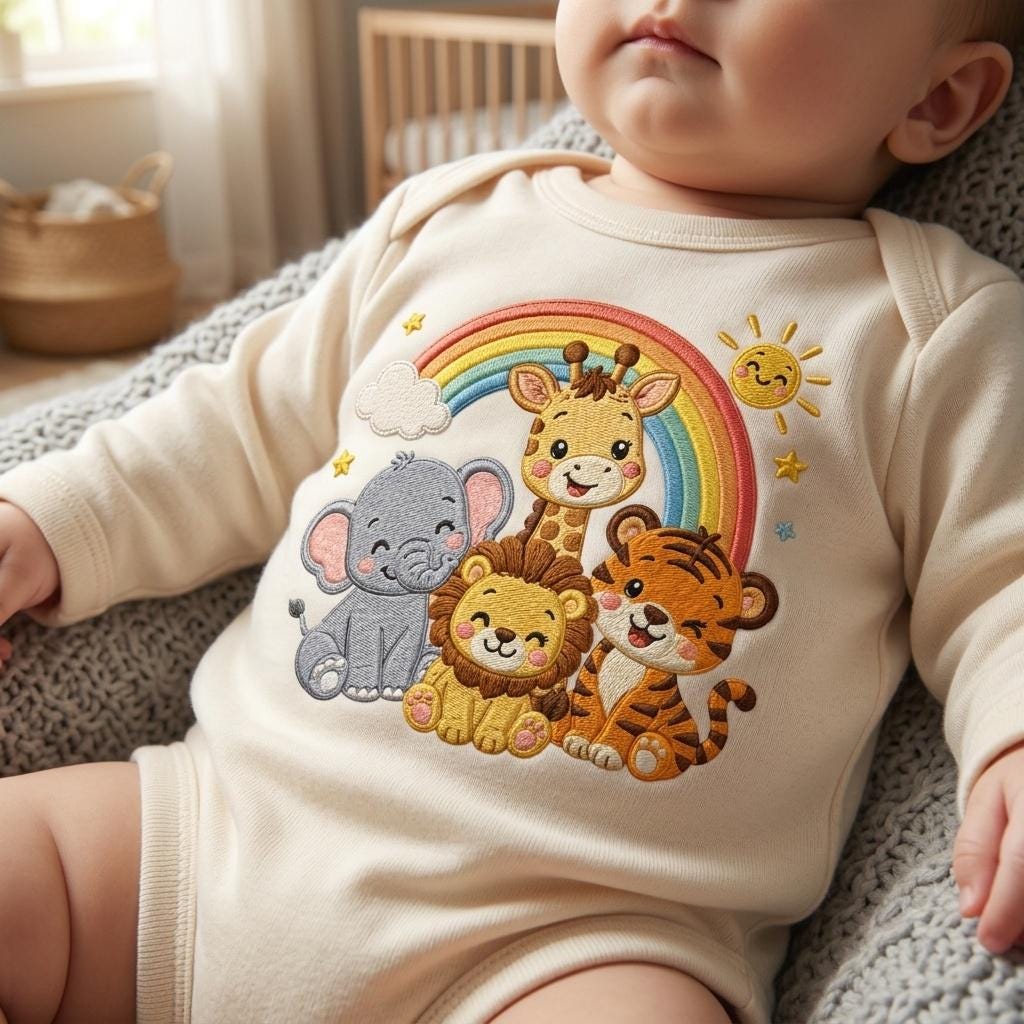 Cute Safari Animals Embroidery Design with Rainbow, Lion Elephant Giraffe Tiger Machine Embroidery File, 5 sizes, Digital Download - image 3