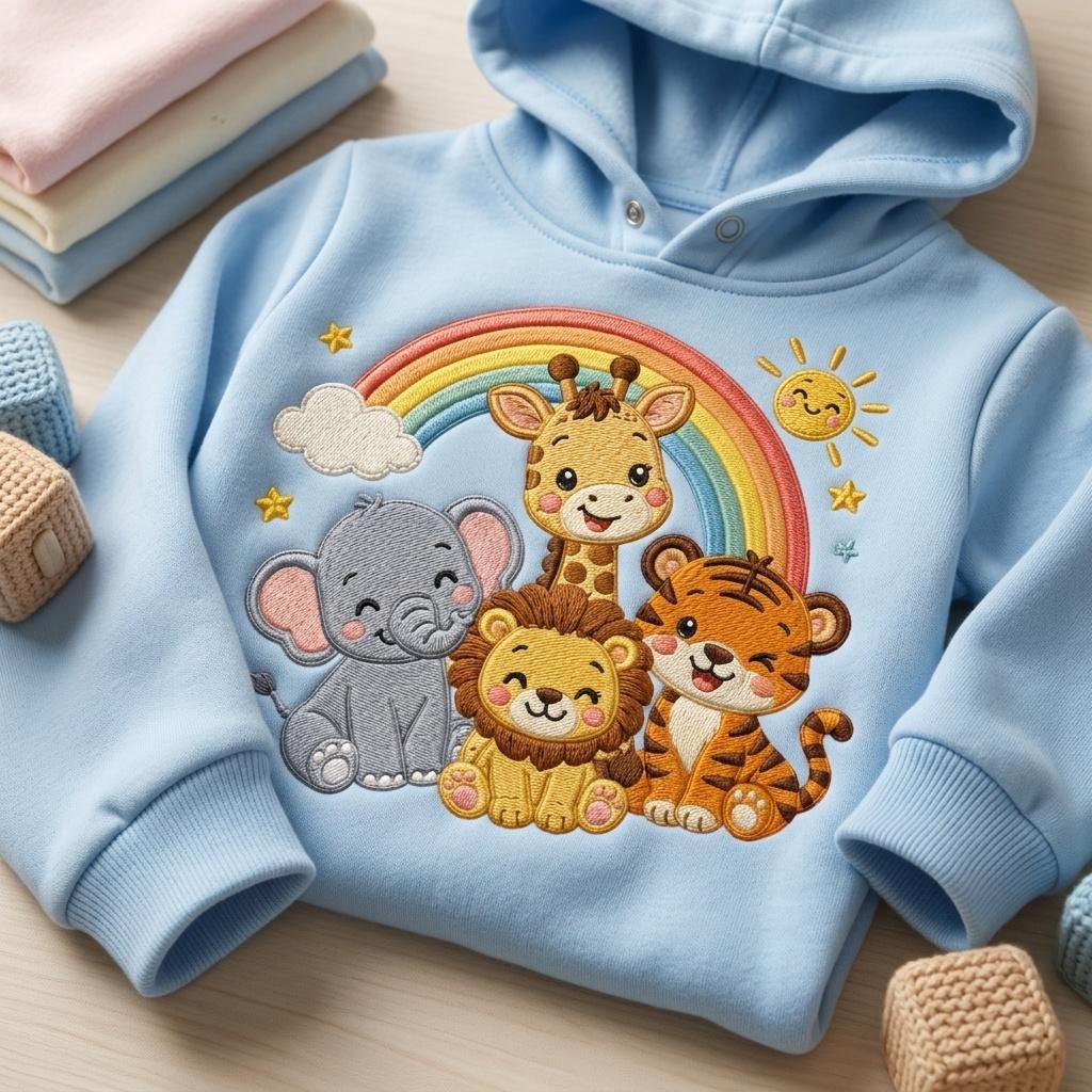 Cute Safari Animals Embroidery Design with Rainbow, Lion Elephant Giraffe Tiger Machine Embroidery File, 5 sizes, Digital Download - image 6